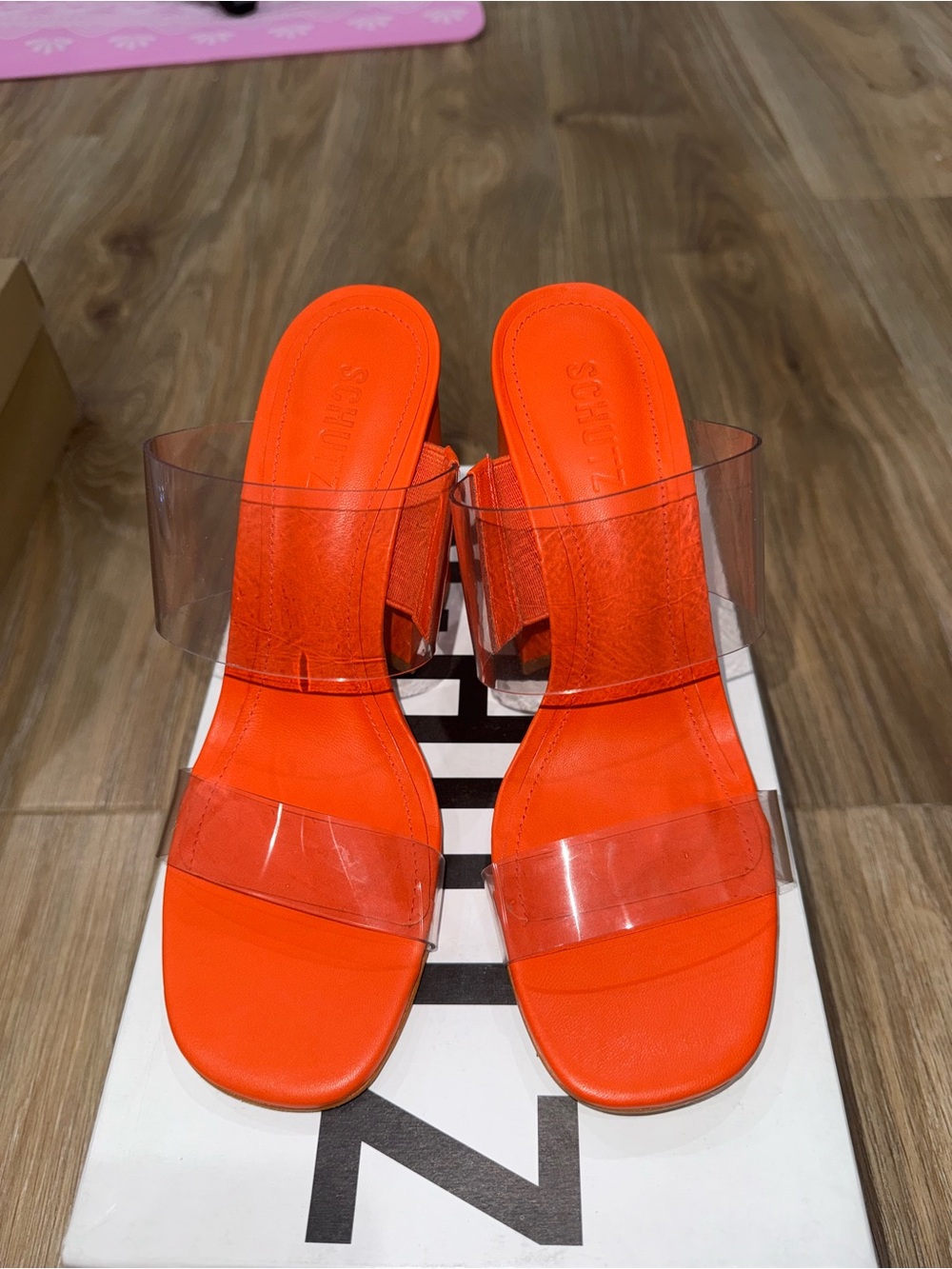 SCHUTZ Orange Clear-Strap Slide Mules